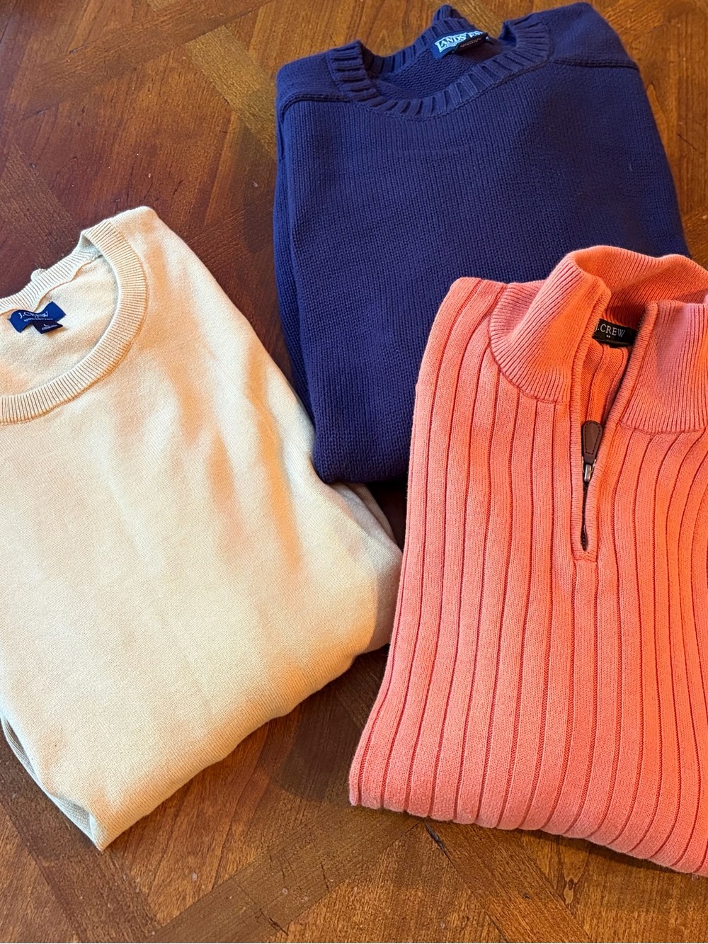 Lands' End Men's Navy Crewneck Sweater, J Crew Orange and Gold - Large